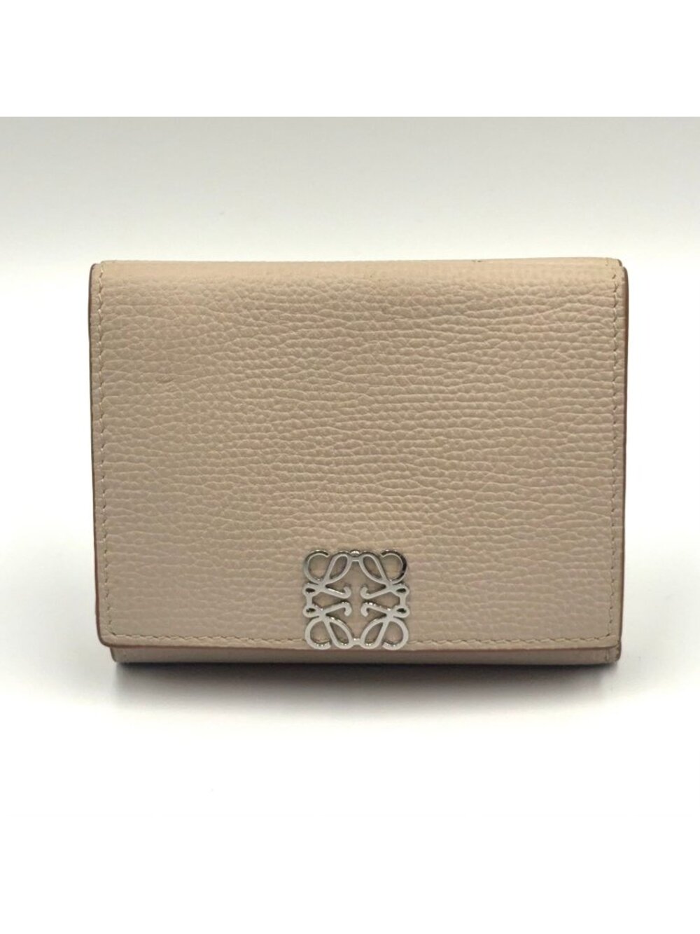Loewe Anagram Trifold Leather Gray Beige Wallet Silver